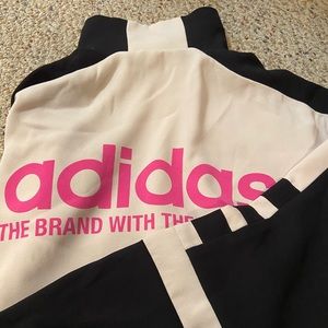 Adidas Bomber Jacket XS tan, neon pink letters